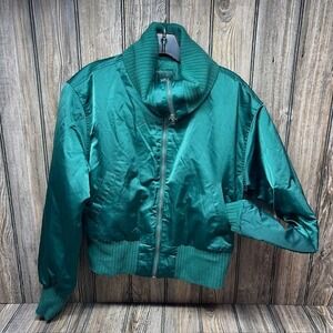 Wild Fable Emerald Green Satin Cropped Bomber Jacket Ribbed Knit Collar Small